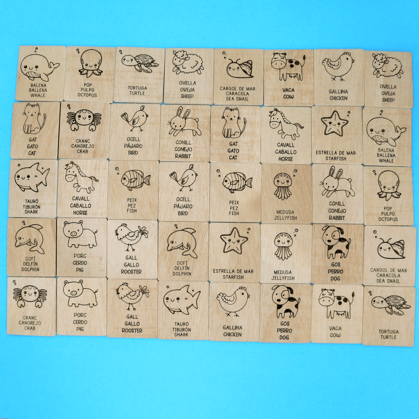 Juego de memoria de madera • Animales del mar