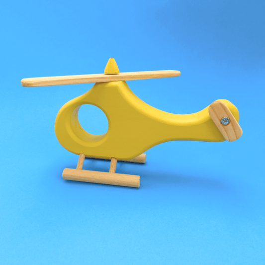 Helicóptero de madera artesanal amarillo lateral