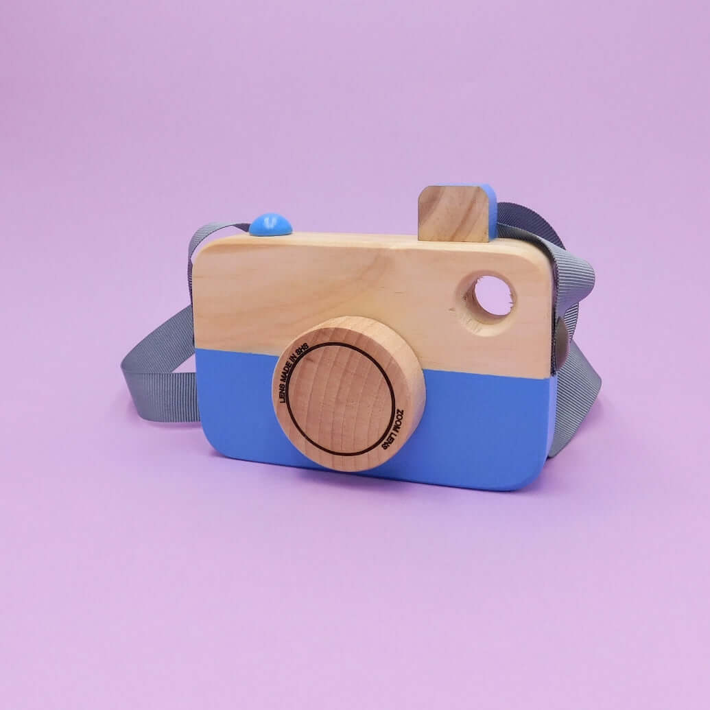 cámara de fotos de madera para niños azul