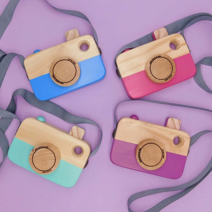 cámaras de fotos de madera de juguete de colores
