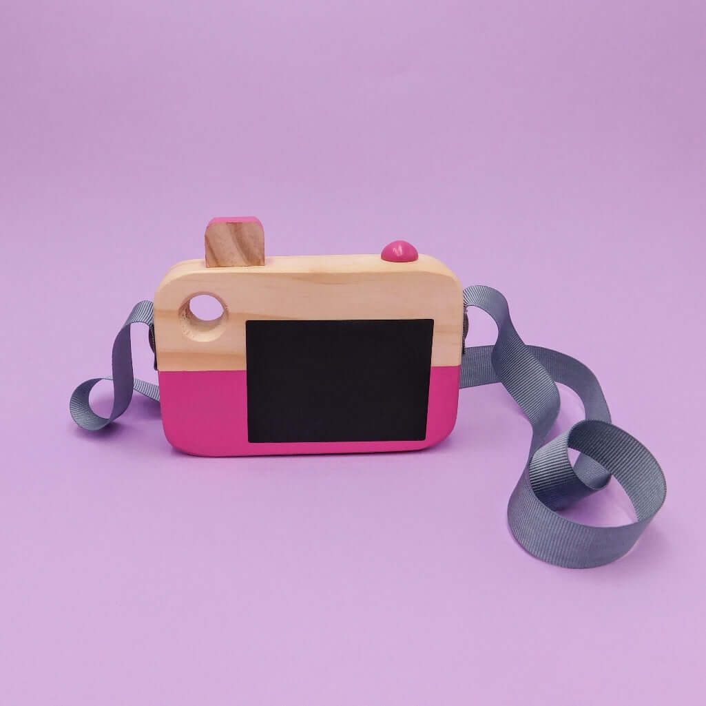 cámara de fotos de madera para niños con pizarra