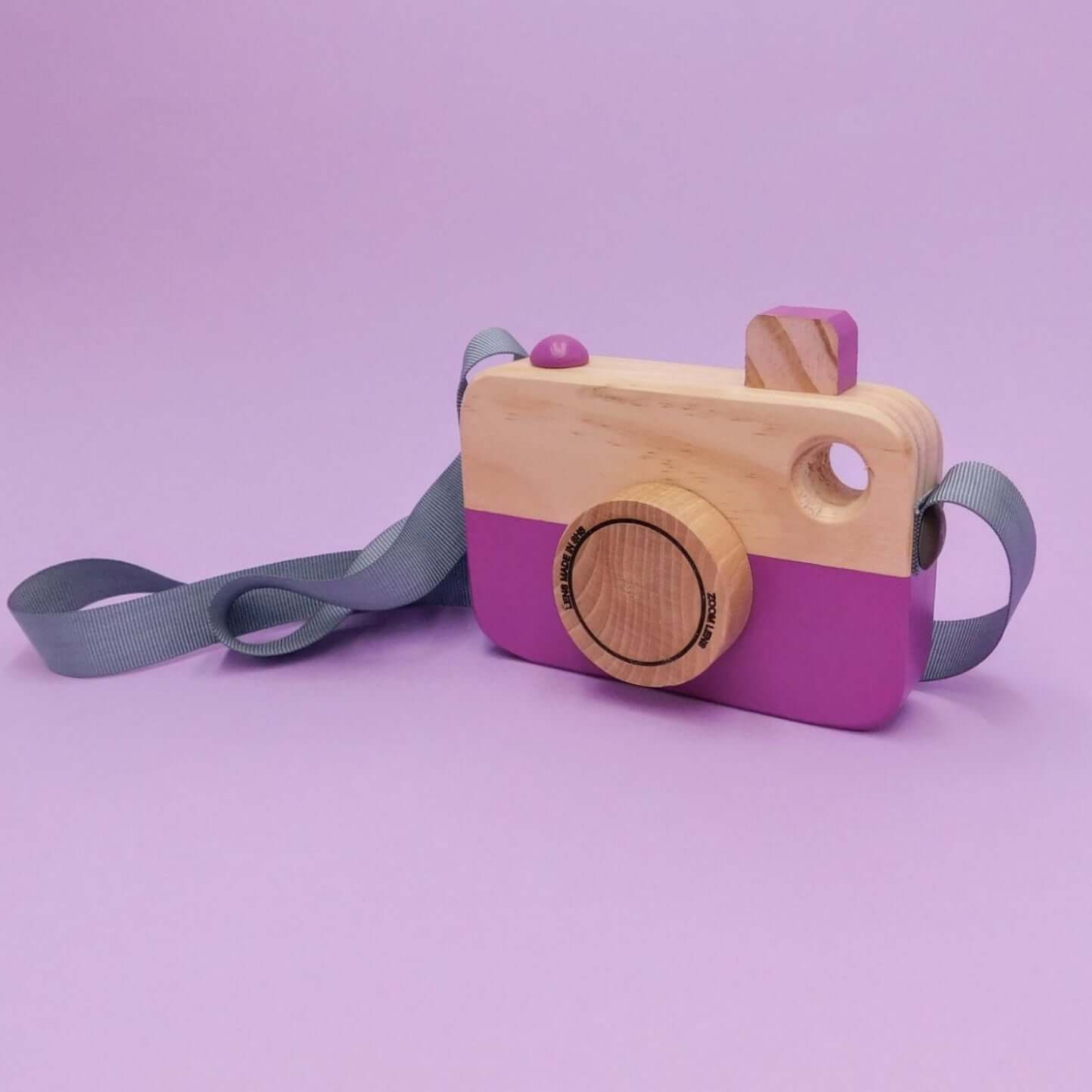 cámara de fotos de madera para niños morado