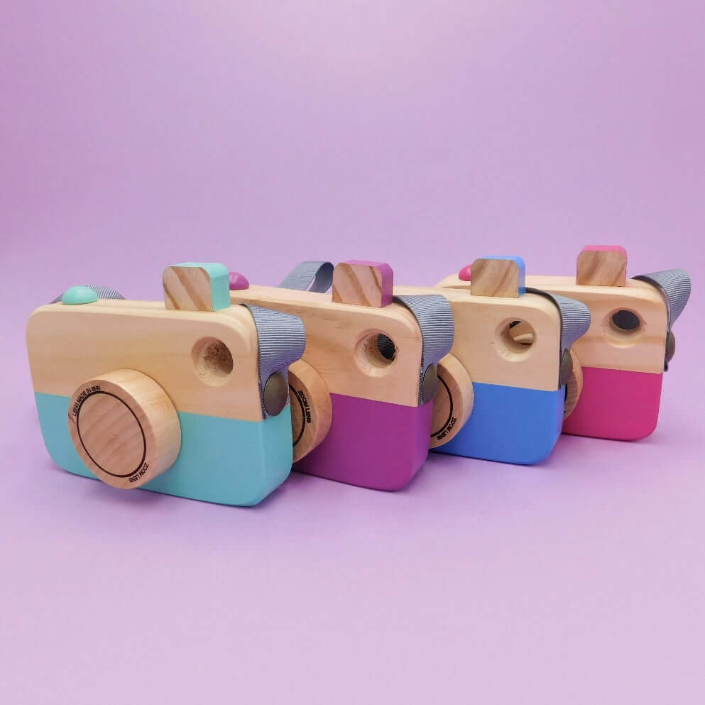 cámara de fotos de madera para niños de colores