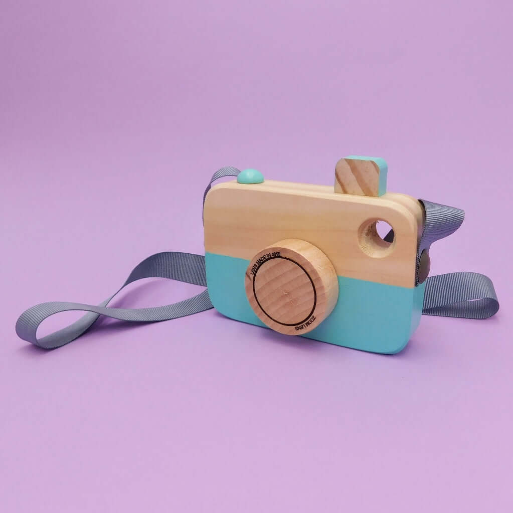 cámara de fotos de madera para niños turquesa