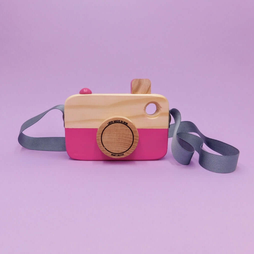cámara de fotos de madera para niños rosa