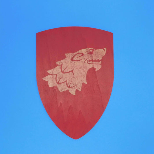 escudo de juguete de madera con lobo